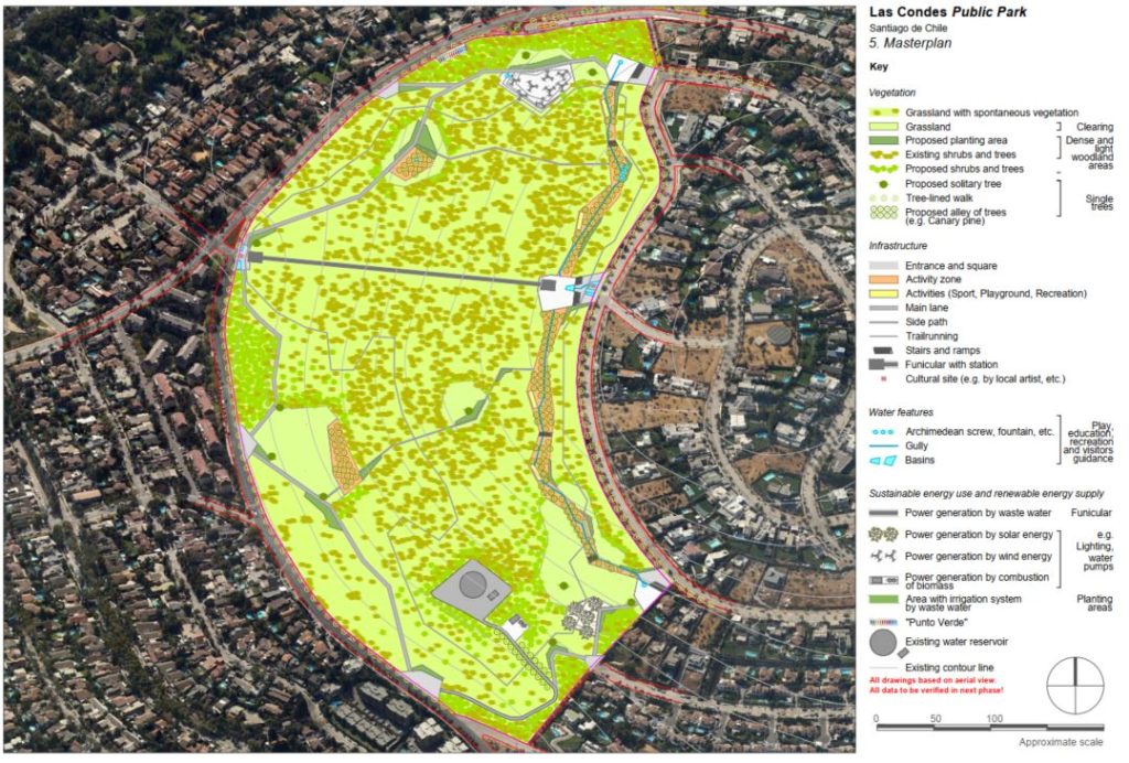 Diseño de áreas verdes y masterplan paisajístico para parque urbano en Las Condes, Santiago